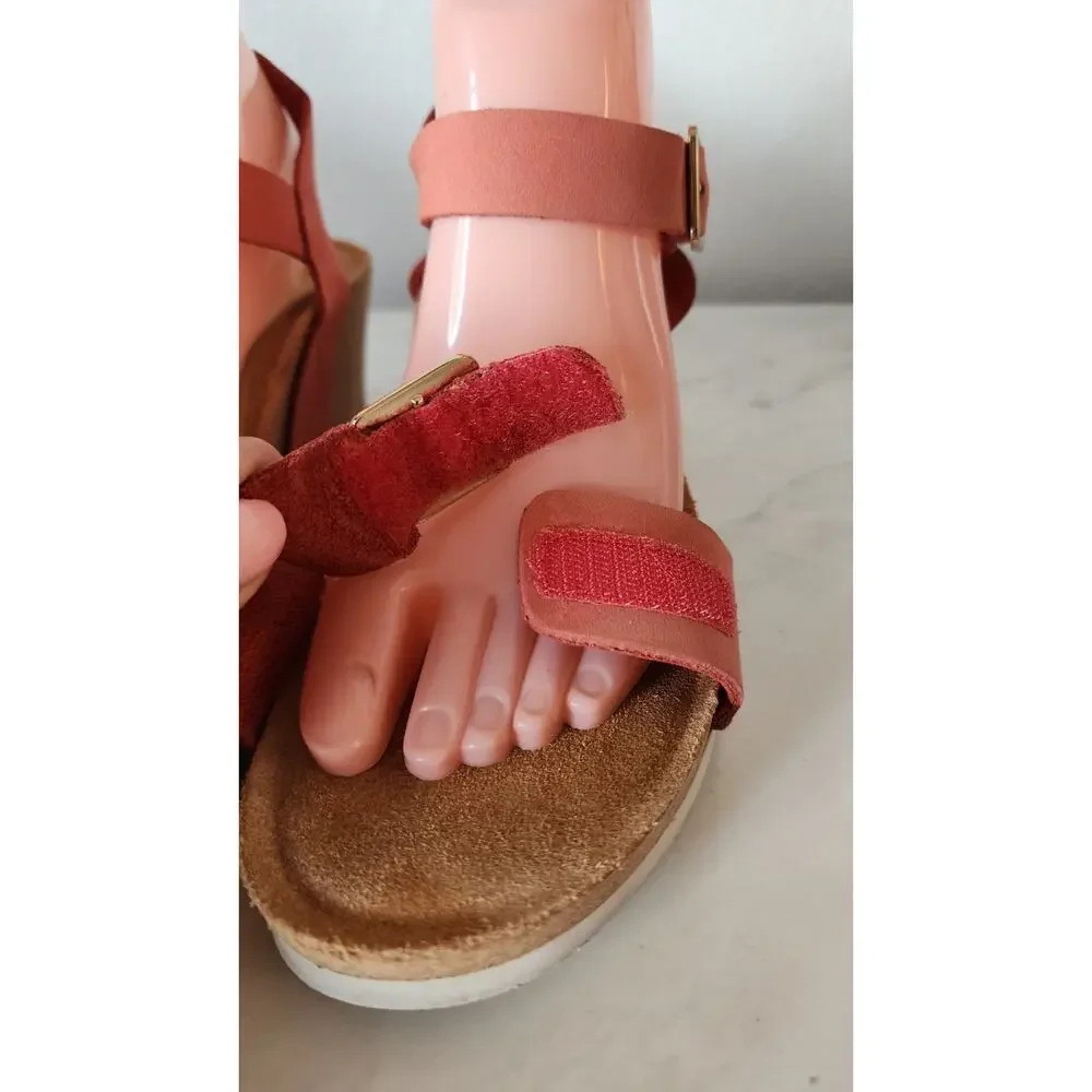 Aetrex Lexa Orthotic Strap Wedge Sandal Coral Leather Sz 9-9.5 Cork Sandal
